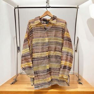 Vtg Citiknits Womans Long Sleeve Collared Blouse 2xl Sheer Stripes Brown